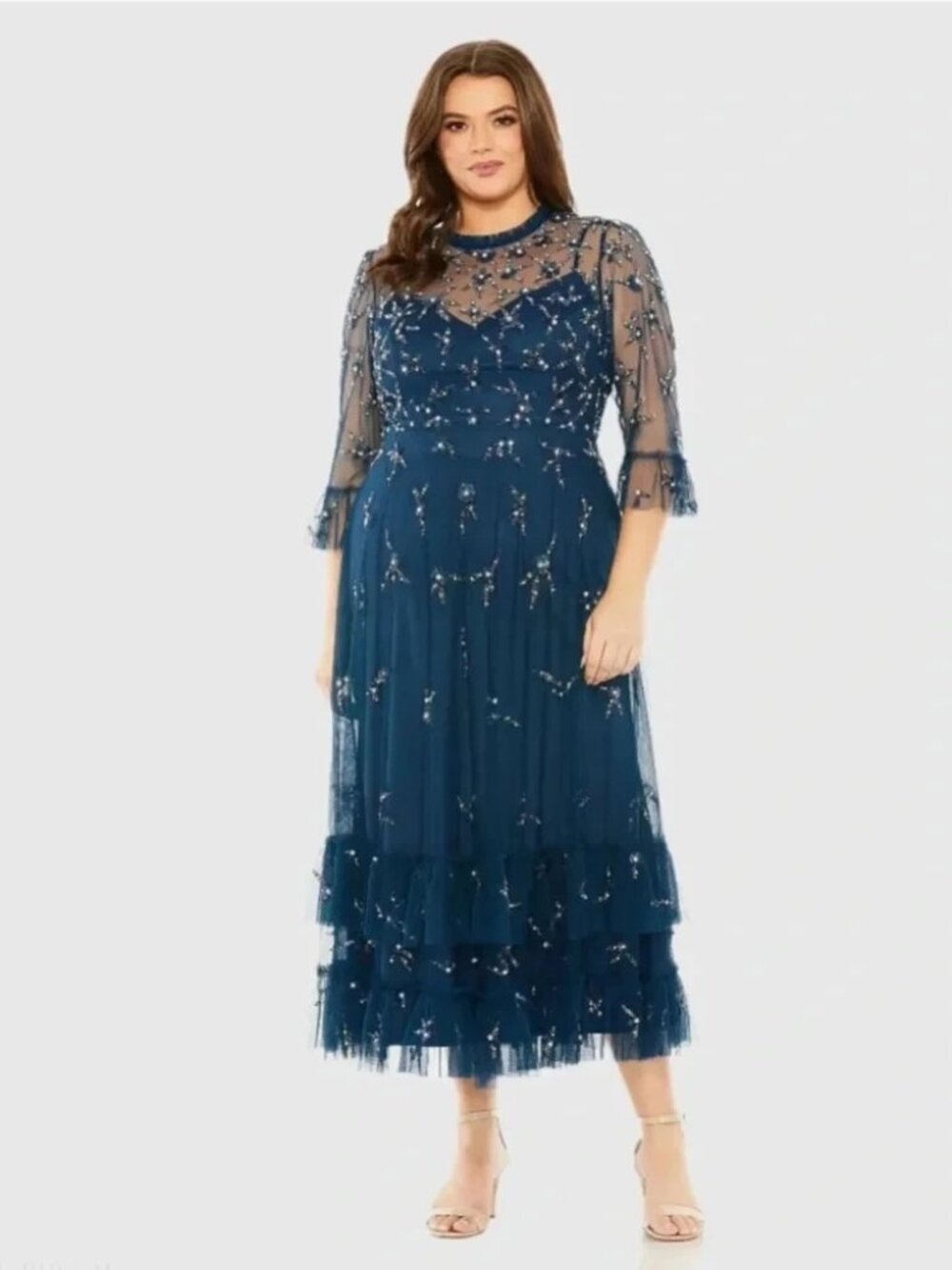 Mac Duggal Ocean Blue High Neck Embellished Flutter Sleeve Dress
